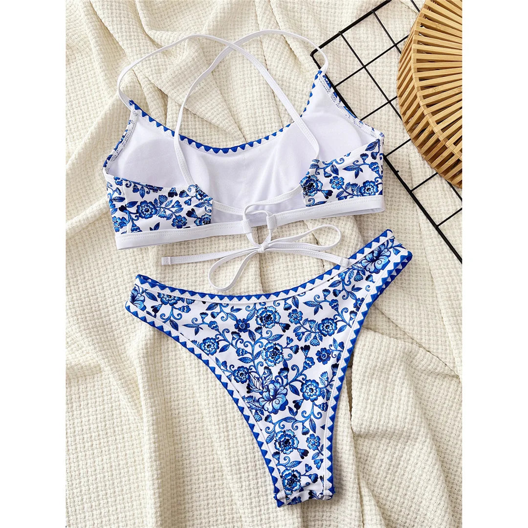 Sexy Flowers Printed Brazilian Bikini Female Swimsuit Women Swimwear Two-Pieces Bikini Set Padded Bather Bathing Suit Swim V6705