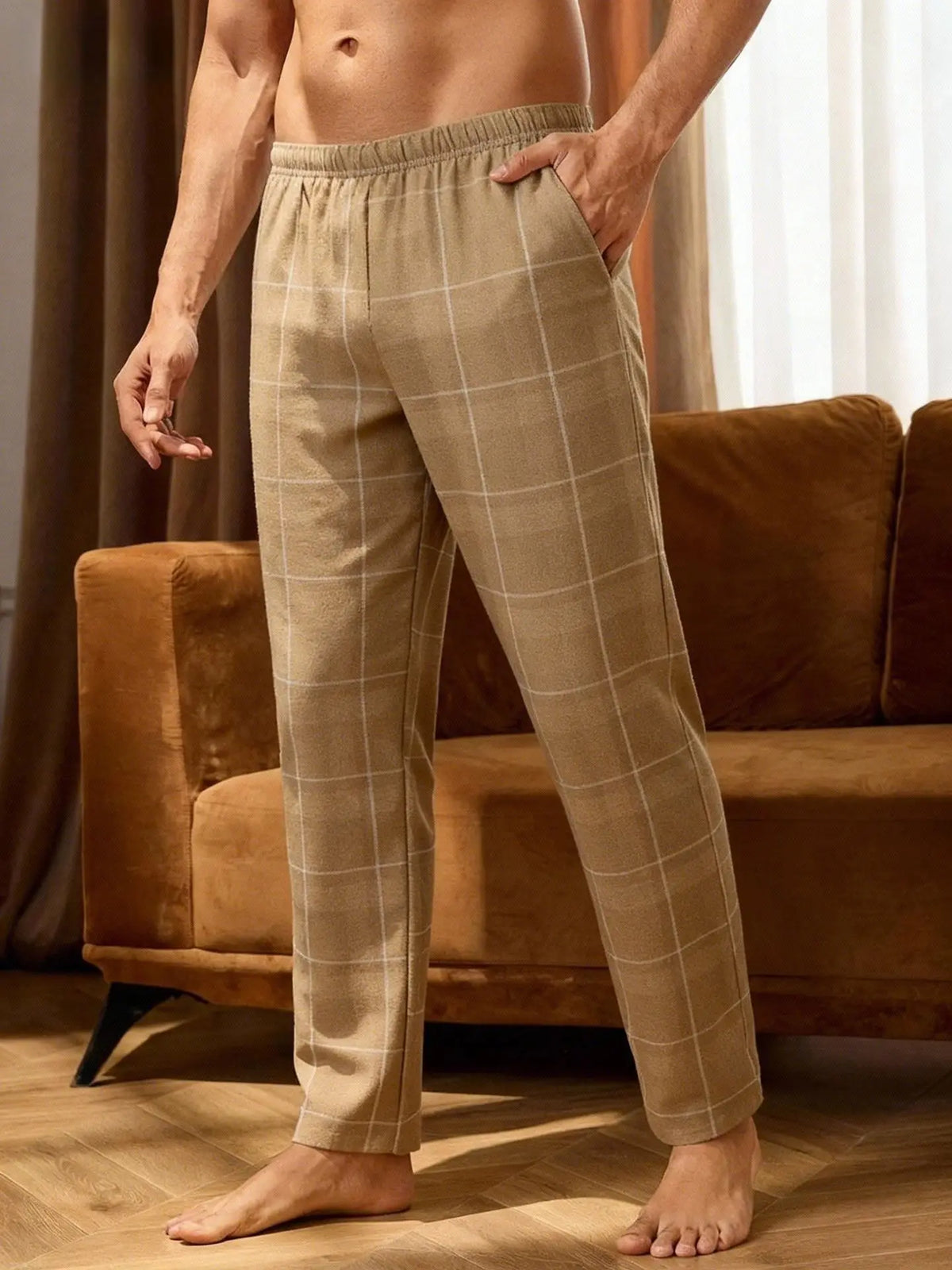 Men's High-Waisted Check Pajama Pants Loose Fit Stylish Sleep Bottoms Home Wear Long Pants for Spring and Autumn