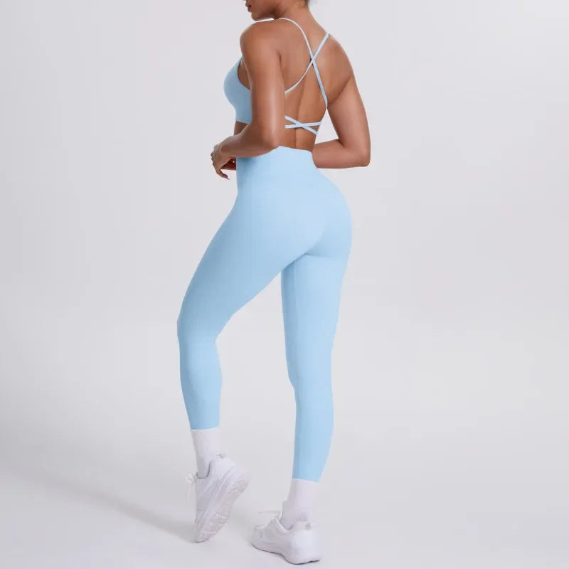 Women's Seamless Yoga Set Cross Back Sports Bra & High Waist Booty Lifting Yoga Leggings Gym Running Fitness Workout Outfit