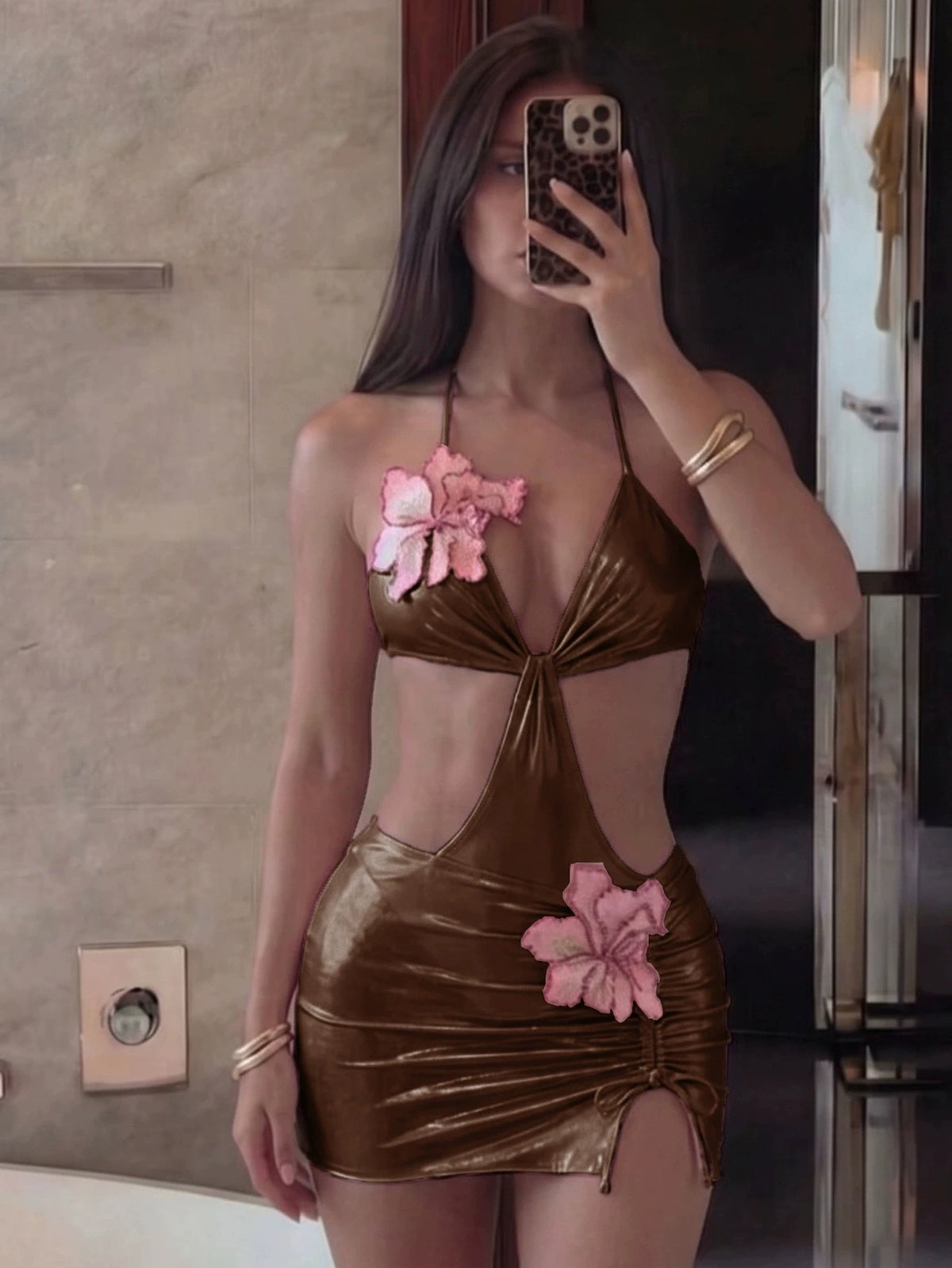 DEKA 2026 New Shiny Pink Flower One Piece Swimsuit High Cut Sleeveless Glossy Bodysuit Sexy Back Monokini Swimwear Beachwear