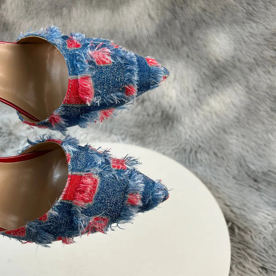 New Denim Fashion Denim color blockingSandals High Gladiator Heels Ladies Office ShoesPlus Big Size45-46 12cm slim heel