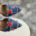 New Denim Fashion Denim color blockingSandals High Gladiator Heels Ladies Office ShoesPlus Big Size45-46 12cm slim heel