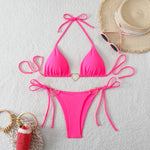 Sexy Metal Heart Ornament Bikini Set 2026 Women Blue Pink Halter Push Up Bra Thong Swimsuit Beach Bathing Suit Vacation Swimwear