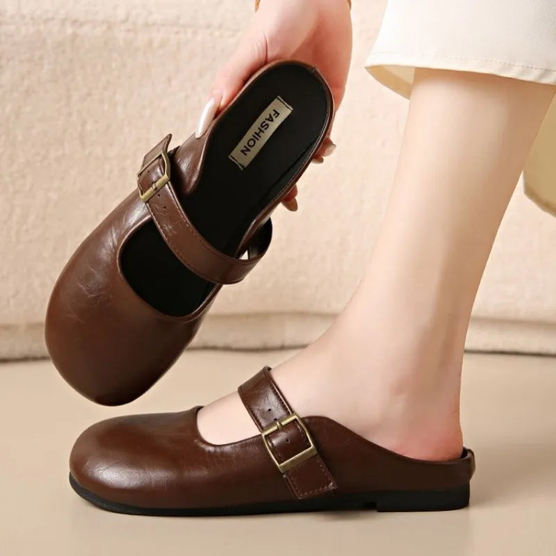 Closed-Toe Half Slippers for Women, Spring and Summer New French Style Soft Sole, Slip-On Flat Mules for Pregnant Women