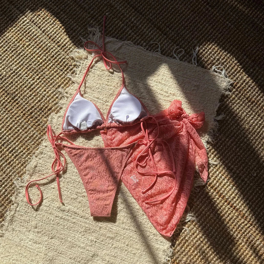 Mesh Sarong Lace Halter High Cut Bikini Female Swimsuit Women Swimwear Three-Pieces Bikini Set Bather Bathing Suit Swim V6284