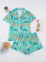 Women Halloween Print Pajama Set Turn‑down Collar Short Sleeve Button Down Shirt + Shorts Sleepwear Ladies Home Loungewear Suit