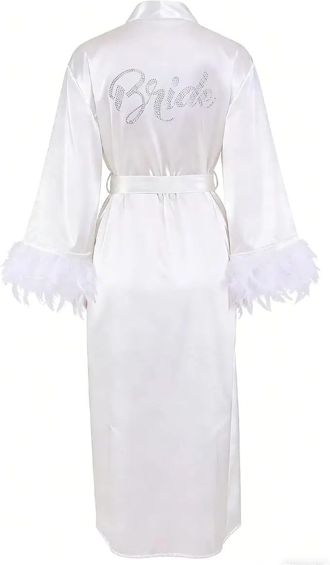 Bride Robe with Feather for Wedding Day Bridal Satin Robe Sexy Silk Bride Bathrobe for Women Bachelorette Wedding Party Getting