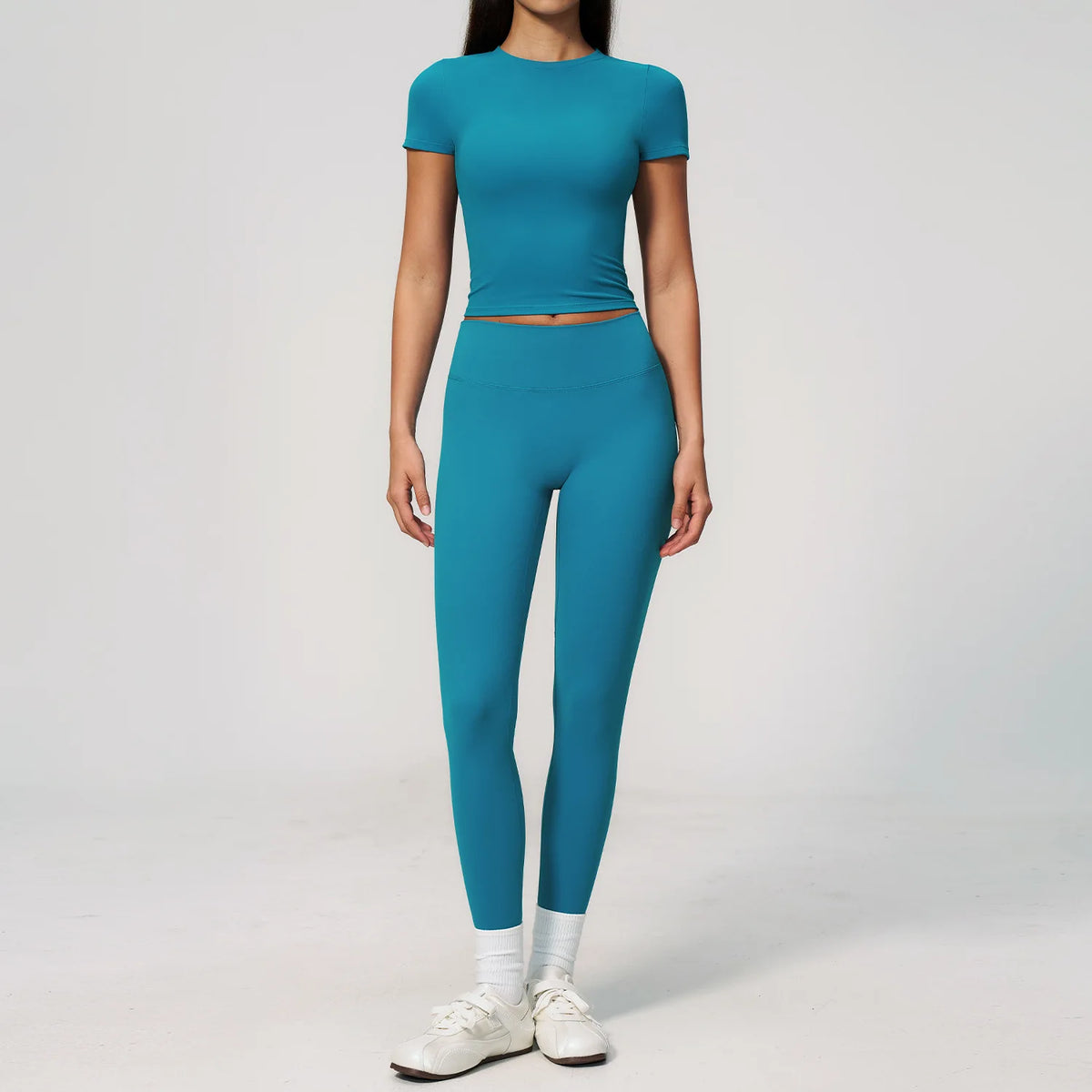 Creamy 2 Pieces Workout Suit Women Yoga Outfits Short Sleeve O Neck Slim Sports T Shirts High Waist Flare Pants Gym Fitness Sets