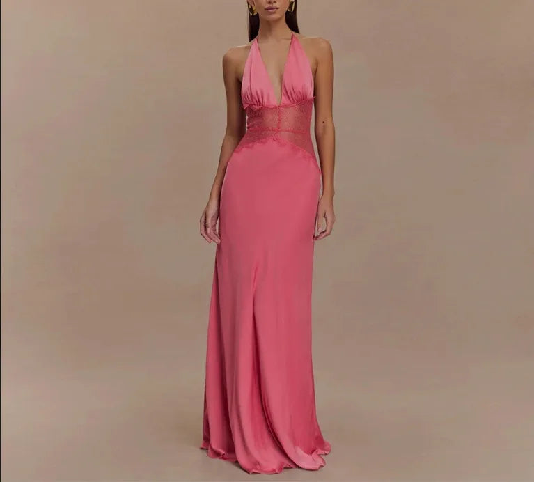 Summer Backless Sexy Long Dresses Women's Gown Patchwork Lace Halter V Neck Sleeveless High Waist Elegant Vestidos Para Mujer