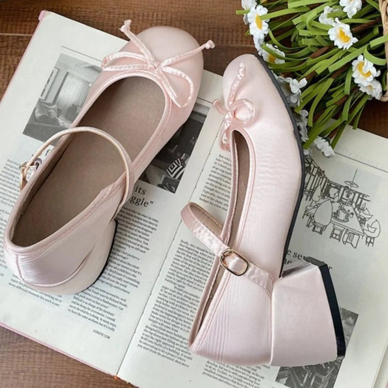 2025 spring cute sweet Bowknot Mary Janes for Womenvintage Silk Med Heelspumps LadiesBanquet Wedding Single Shoes Mujer