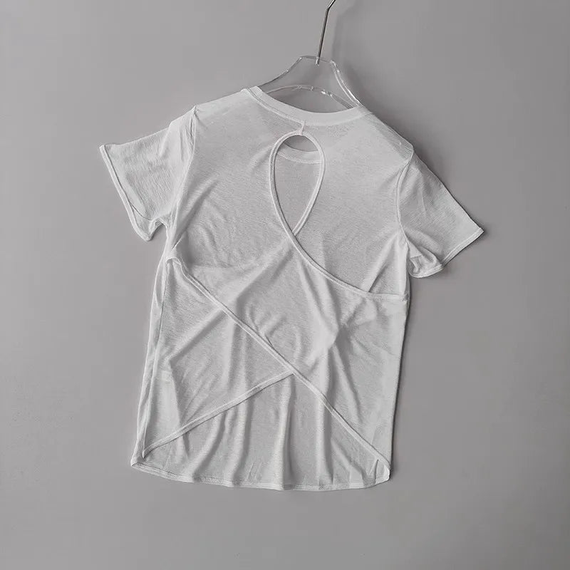Women's Quick Drying Hollow out Back Sports T-Shirt Yoga Suit Top Short Sleeve Fitness Cover up