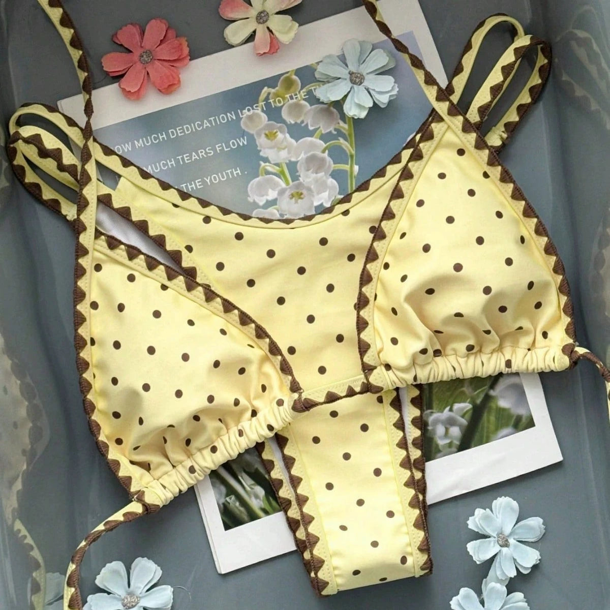 DEKA Women Yellow Polka Dot Bikini Set Halter Triangle Top Adjustable High Cut Two Piece Swimsuit Summer Beach Swimwear