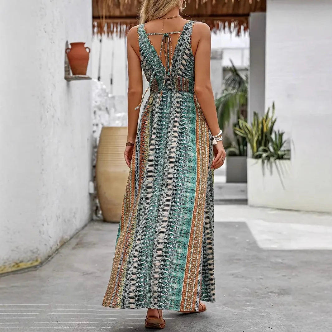 Bohemian Style Print Sleeveless Long Dresses Women Summer V-neck Backless Leace-up Slit Dress Casual Lady Vacation Vestidos