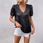 Shiny Sequins Tee Shirt Women T-shirt V-Neck Short Sleeve Loose Fit Summer Sexy Tops Holidays Parties Wear