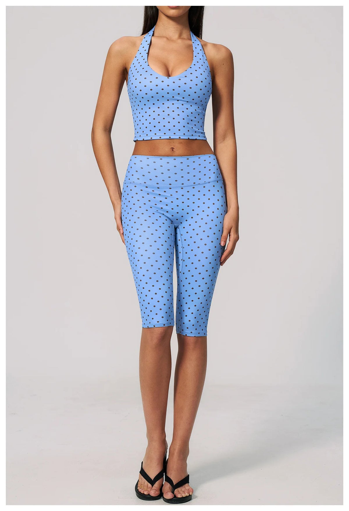 New Summer Women White Polka Dot Print Yoga Sets Hanging Neck Slim Sport Vest High Waist Mid Pants Gym Two-piece Workout Clothes