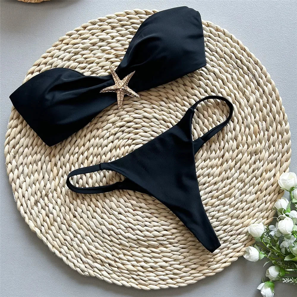 Holiday Black Swimwear Metal Starfish Bandeau Bikini Mini Micro Thong Sexy Swimsuit Women 2026 Bathing Suit Bikinis Sets Mujer
