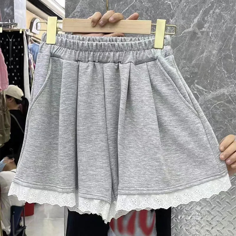 Women's New Losse Pants Grey New Summer Sexy Lace Shorts Fashion Pockets Versatile Casual Streetwear Female Elastic Waist Shorts