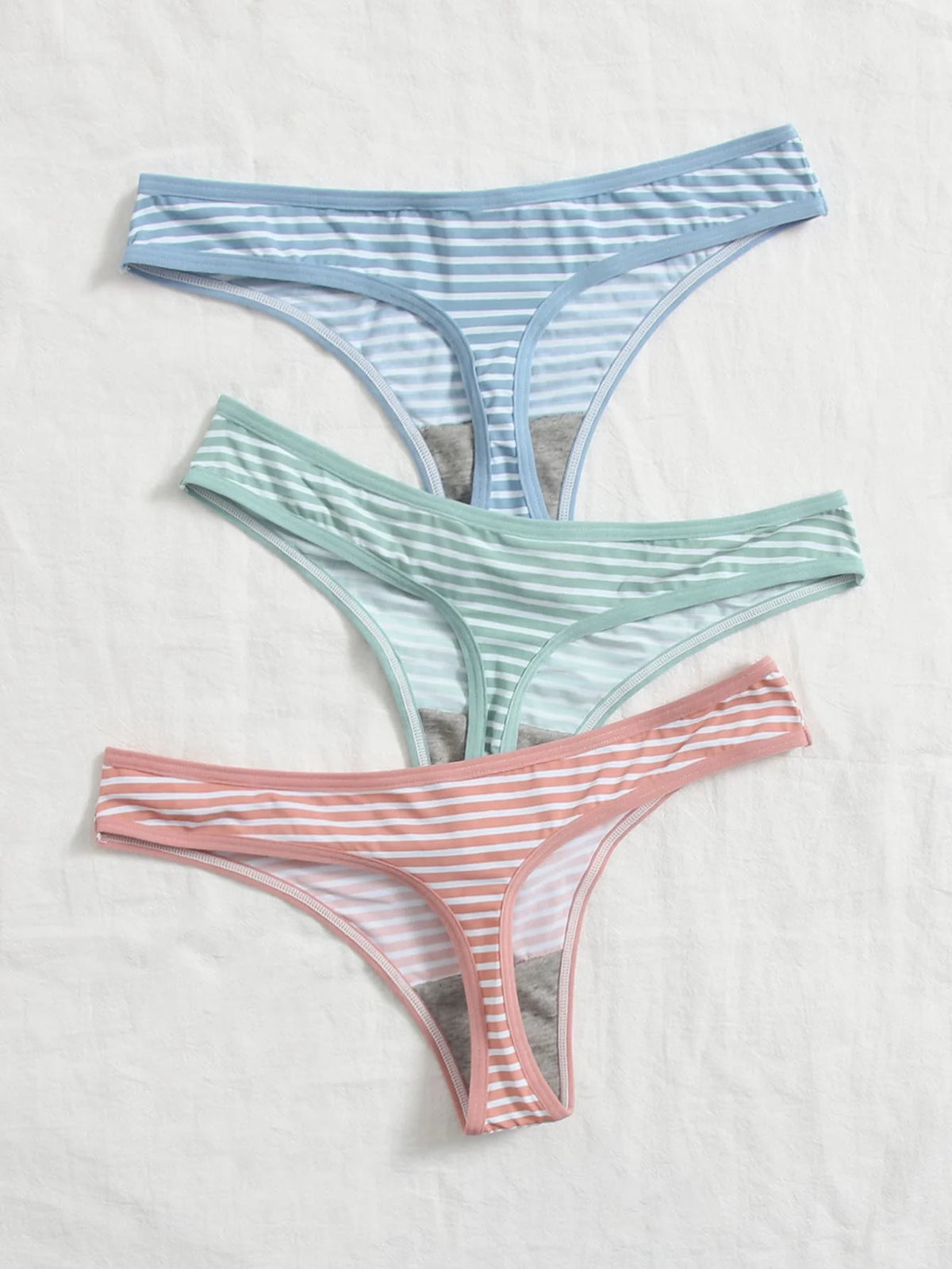 3Pcs Women's Cute And Fresh Multi-color Striped Underwear Thong Without Trace Antibacterial Daily Casual Underwear Thong C364