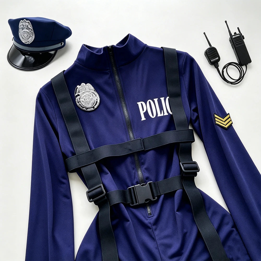 Women Police Cosplay Costumes Long Sleeve Zipper Romper with Harness Belt Halloween Role Play Outfit for Carnival Themed Events