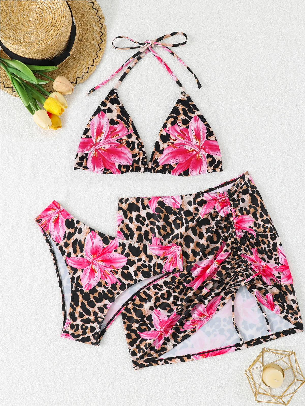 New Leopard 3 Pieces Push Up Bandeau Bikini Set Swimsuit Women Swimwear with Mesh Beach Sarong Skirts Floral Print Bathing Suit