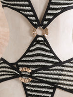 Sexy Black Stripe Knitted One Piece Swimwear Skirts Sets 2026 Women Metal Circle Hollow Out Backless Bathing Suit Thong Swimsuit