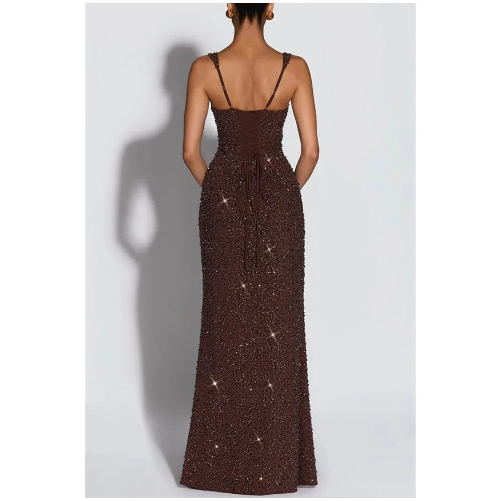 Women's Sequin Maxi Dress Burgundy Square Neck Sleeveless Bodycon Evening Gown Formal Party Prom Cocktail Mermaid Long Dresses