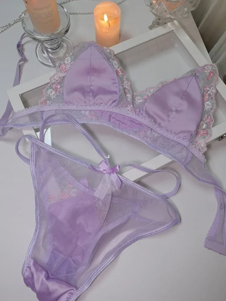 MOYISU Luxury Chinese Style Pure Desire Girl Bra Thin Triangle Cup Purple Embroidery Light Luxury Silk Sexy Lace Underwear Set