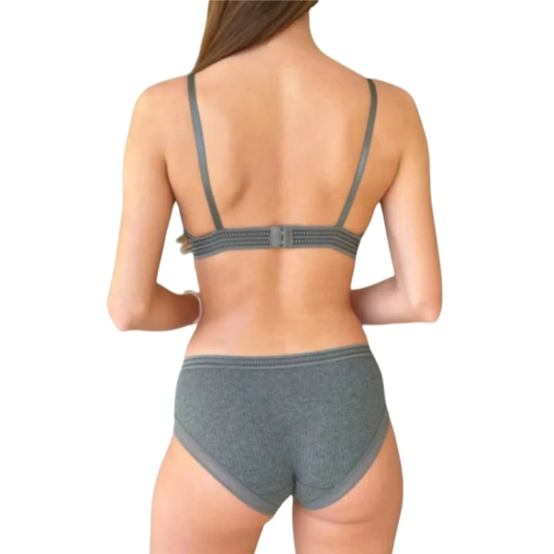 Women Padded Bra And Panties Set Low Waist Briefs Wire Free Bra Female Solid Color Underwear Sexy Lingerie Set One Size