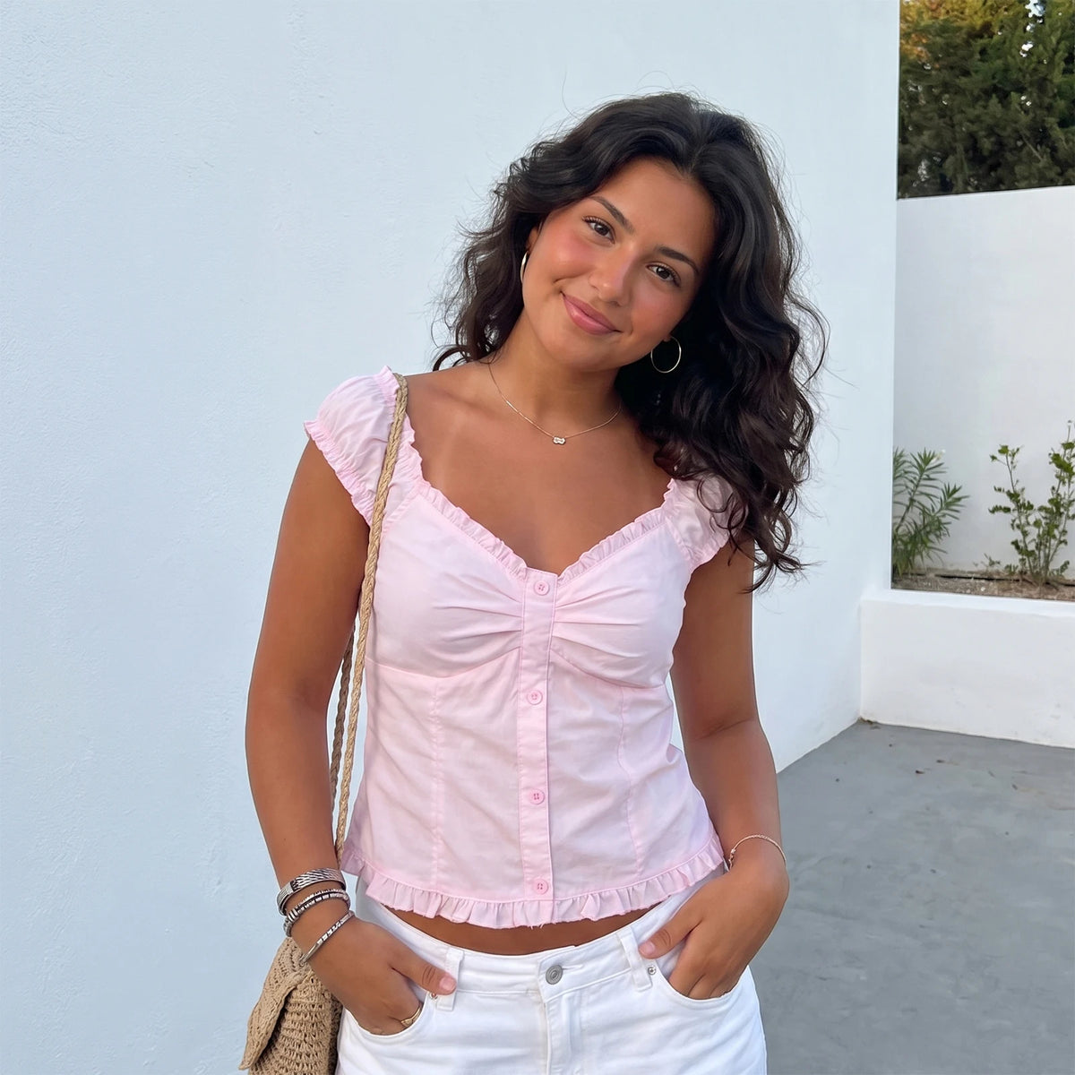 Women Square Neck Tops Botton Down Cap Sleeve Crop Blouse Summer Retro Casual Daily OfficeBack Tie Shirts