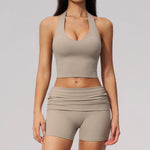 2PCS Yoga Set Women V-neck Cross Neck Shock-absorbing Sports Vest Workout Pleate Flip High Waist Shorts Gym Runing Fitness Suits