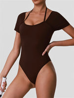 Summer Women's Cross Hollow Back Yoga Jumpsuit Short Sleeved Slimming Sports Overalls High Stretch Push Up Fitness Bodysuit