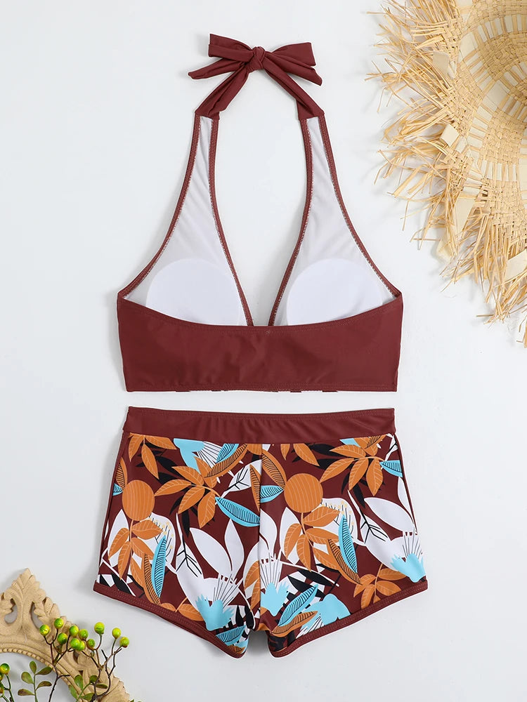 2026 Halter Bikini Set Short Swimsuit Women High Waist Swimwear Female Printed Bathers Swimming Bathing Swim Suit Beachwear
