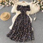 2025 Summer French Vintage Floral Dress Fashion Elegant High-Waisted Drawstring Vestidos Printed Fresh And Sweet Long Dresses
