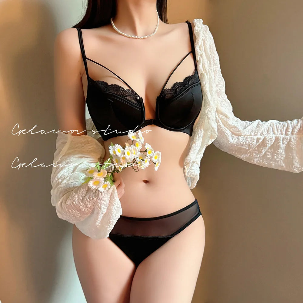 French Front Button Lace Bra Set for Women Sexy Spaghetti Strap Thin Push Up Bra Breast Collection Smooth Brief Sets Lingerie