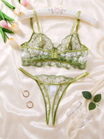Fresh greenfloral embroidered lace lingerie set-Sexy see-through chiffon half-cup shaping bra thong two-piece set ZA825194
