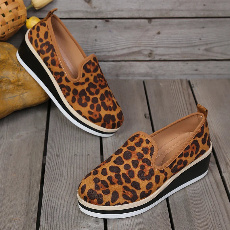 Sexy Leopard Print Wedge Heels Loafers Women Plus Size 43 Slip On Thick Sole Single Shoes Woman Round Toe Platform Casual Shoes