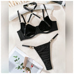 Toucheart 2-Piece Set Sexy Lingerie Women See-Through Halter Neck Comfortable Garter Socks Solid Color Hollow Out Underwear Set