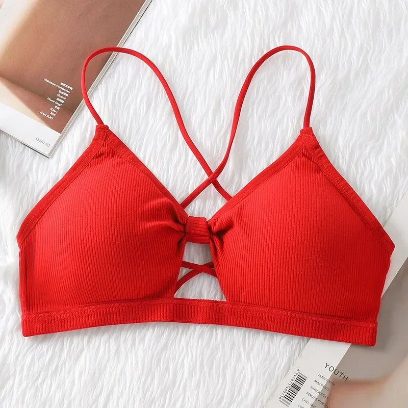 Front Hollow Out Ribbed Bralette Criss Cross Back Thin Straps Removable Chest Pads Wireless Bra Breathable Daily Underwear