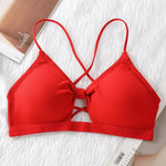Front Hollow Out Ribbed Bralette Criss Cross Back Thin Straps Removable Chest Pads Wireless Bra Breathable Daily Underwear