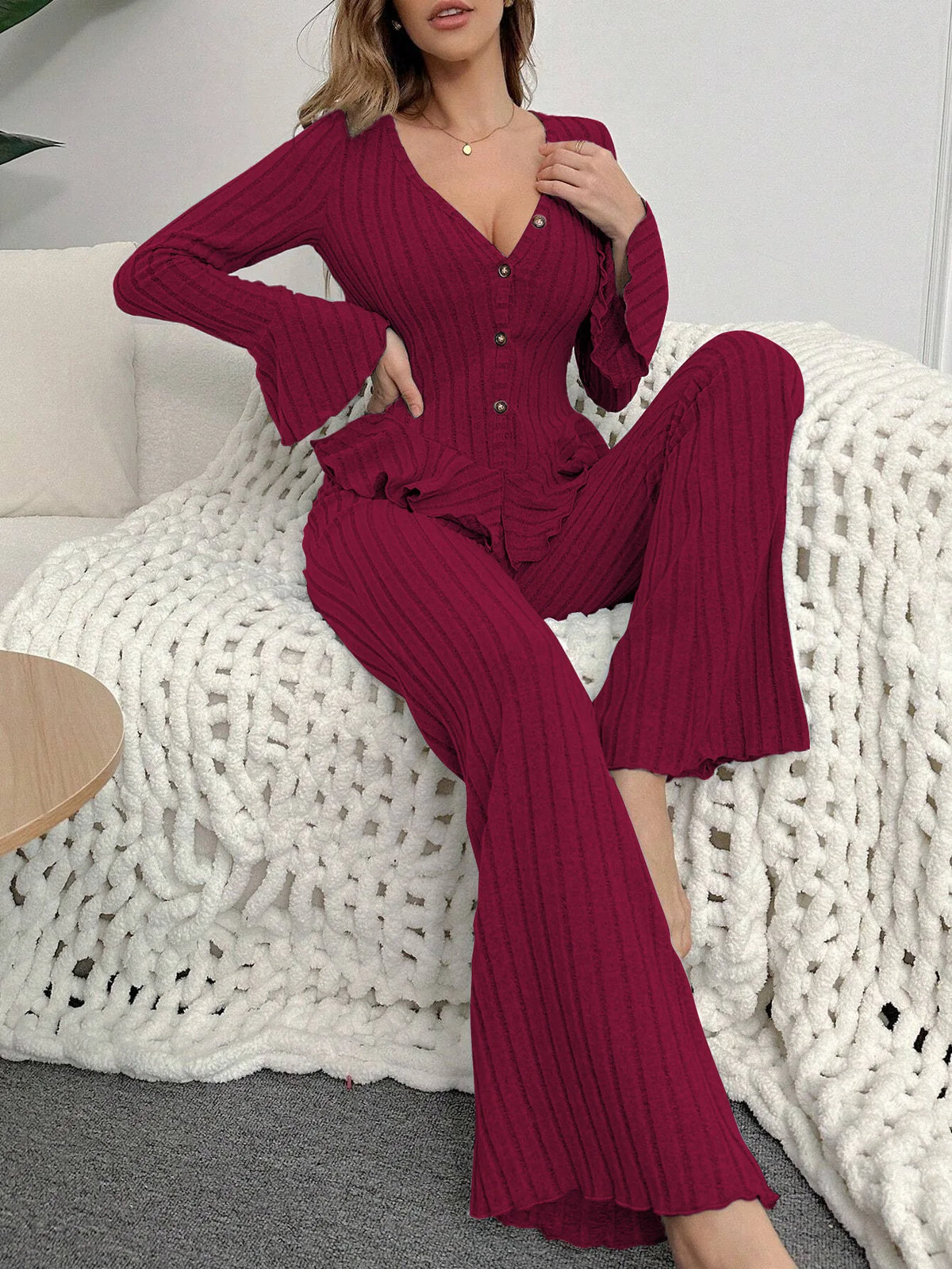 Autumn Winter Pajamas Sets for Women Sleepwear Two Pieces Sexy V Neck Long Sleeve Tops and Trousers Set Loungewear Home Clothes