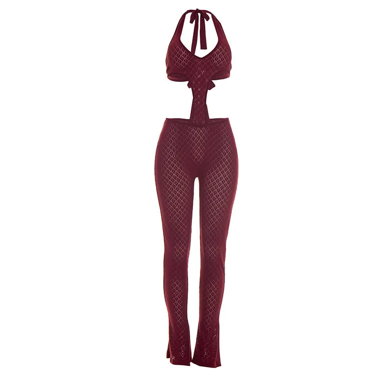 Sexy hot girl solid color see-through slim fit knitted deep V jumpsuit