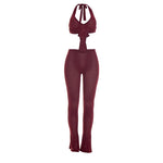 Sexy hot girl solid color see-through slim fit knitted deep V jumpsuit