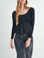 Women Long Sleeve Fall Peplum Tops Casual Solid Color Ruffled Hem Basic T-shirts Streetwear