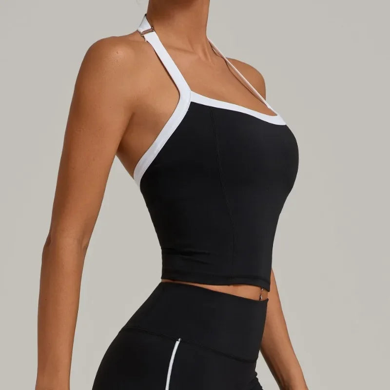 Women's Seamless Yoga Tank Top - Adjustable HALTER Neck & Quick-Dry Fitness Shirt Color Block Running Sports Gym Workout Top
