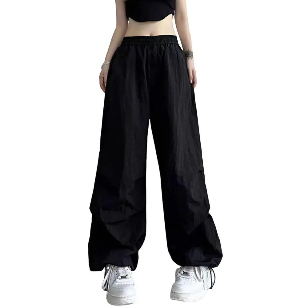 Women Sport Pants Wide Leg Elastic Waist Adjustable Drawstring Long Pants Solid Color Leisure Travel Cargo Trousers