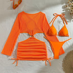 DEKA Women Solid Bikini Set Halter Bra Lace-up Swimsuit Set With Mesh Yarn Cover Up Dress KnittedLong Sleeve Boho Swimwear