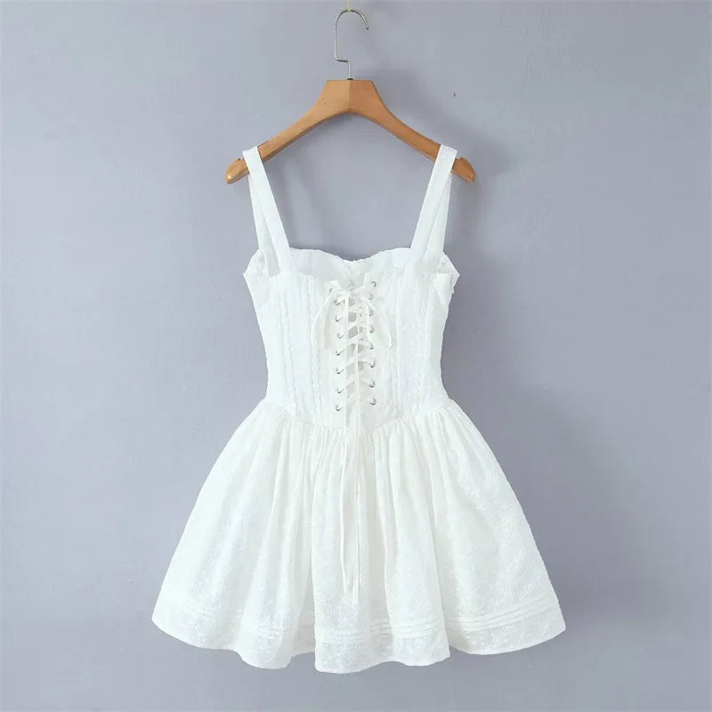 Vietnamese Sweet Lace Embroidered Tie-Waist Dress For Women Thai First Love Patchwork Pleated Puffy Short Skirt Pure Desire WPN1
