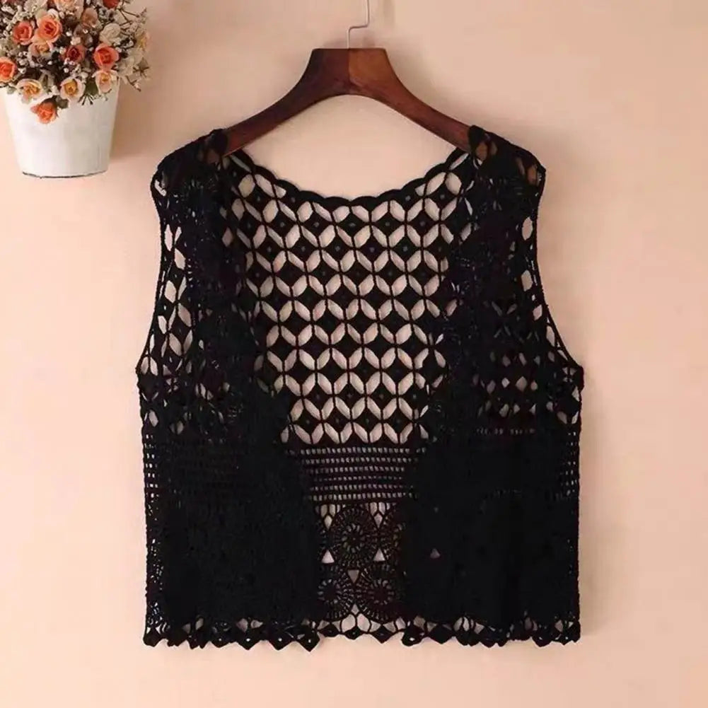 Women Summer Vest Hollow Out Retro Knitted Crochet Sleeveless Loose Open Stitch Thin Cardigan Daily Outwear Coat Top