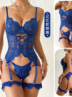 New Sexy Blue Lace Soft Steel Ring Cross Strap Garter Bodysuits Pure Desire Backless Deep V Suspenders Sleeveless Bodysuits Y7JW