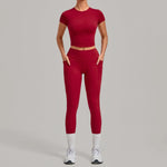 Women's Seamless Yoga Sets Sports Fitness Hip-lifting High Waist Pants Slim Fit Short-sleeve Suits Workout Running Training Sets